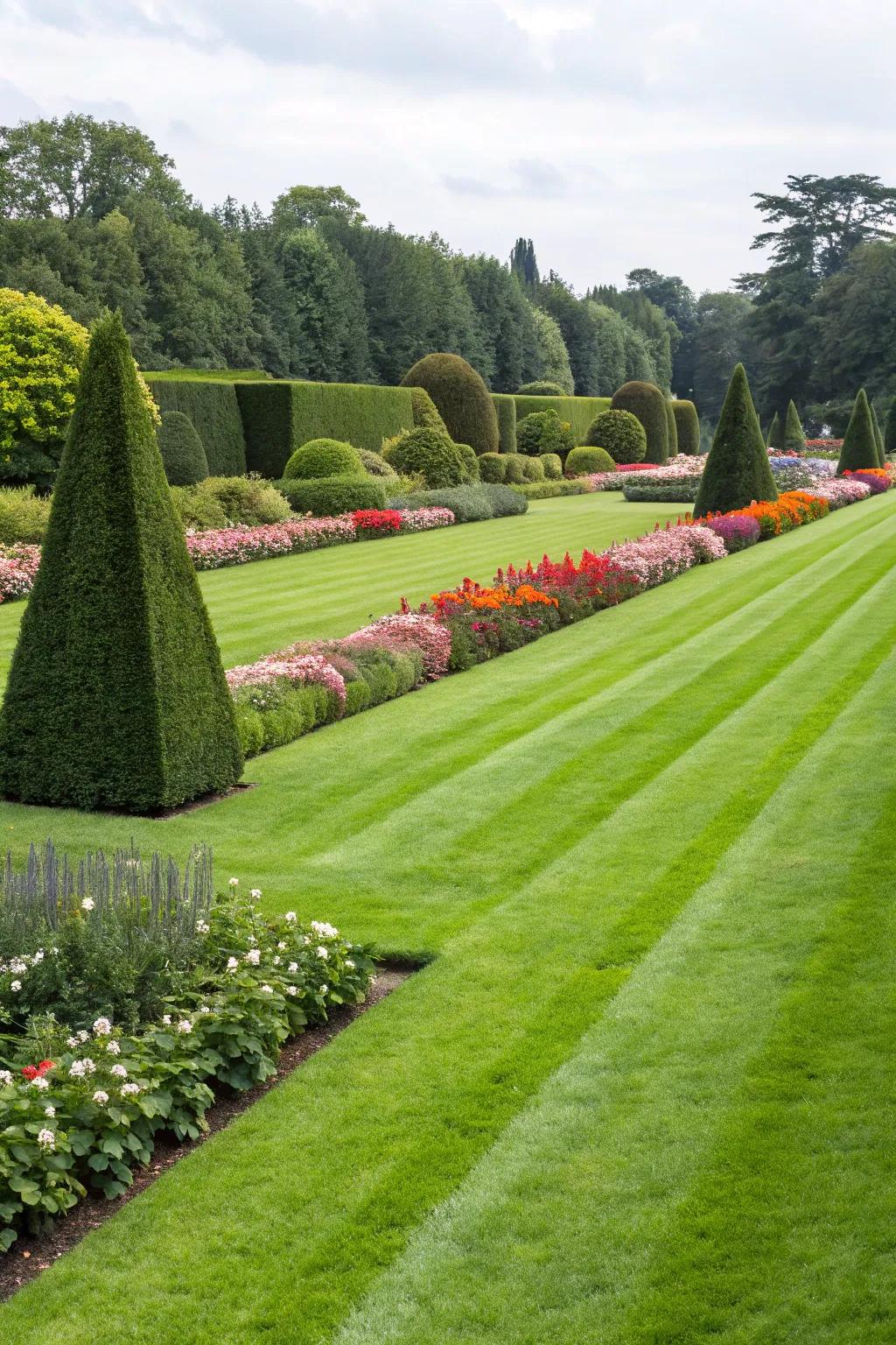 A vibrant green lawn framed by hedges and flowers.