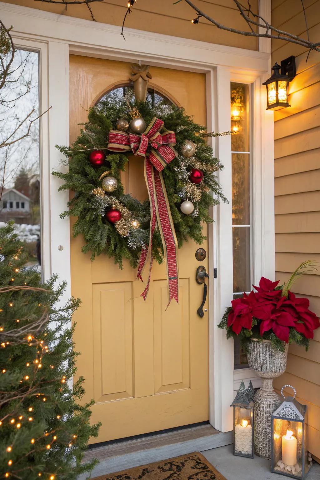 A traditional Christmas wreath brings an affectionate greeting to any porch.