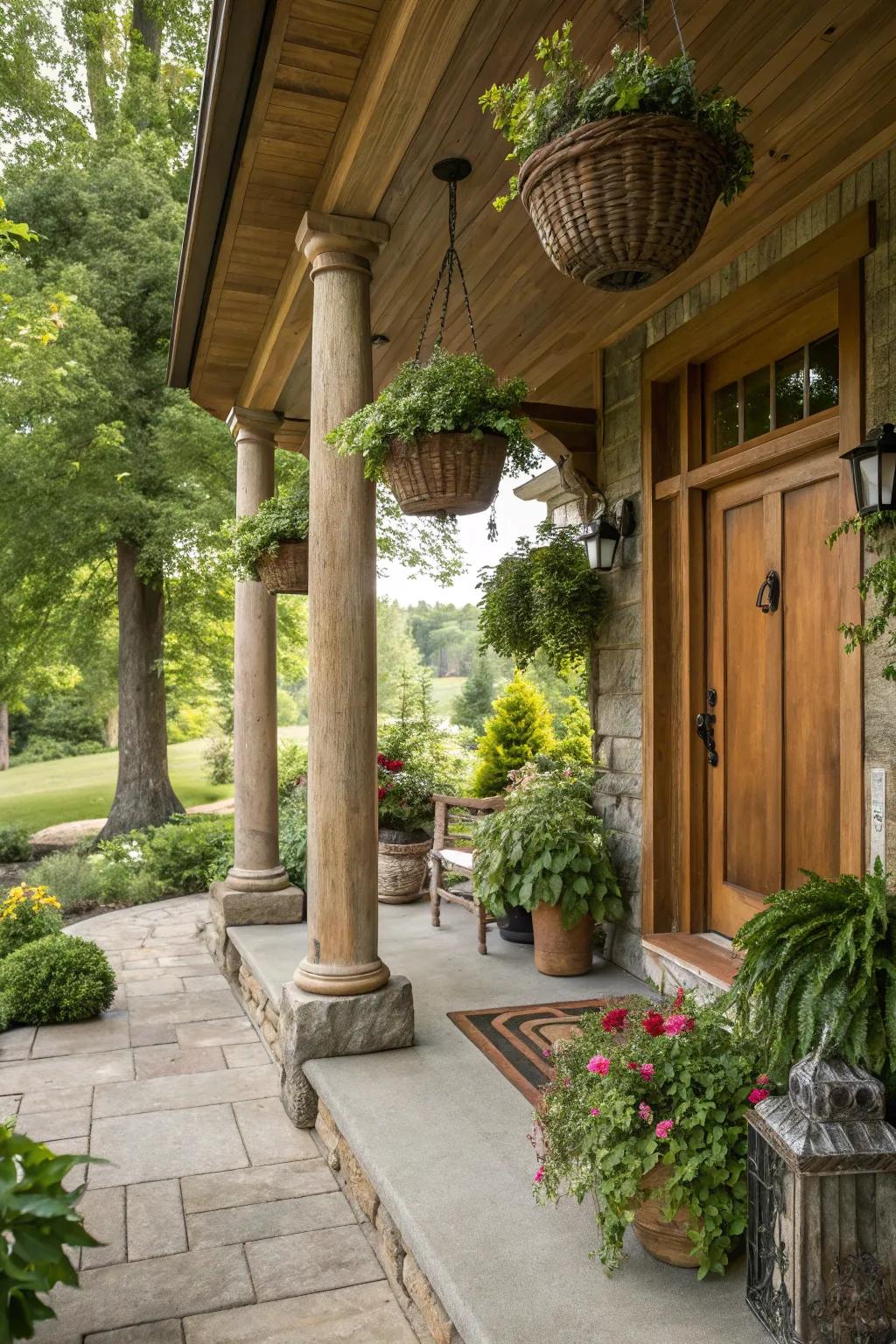 Natural wood columns lend a countryside warmth and charm to your front porch.