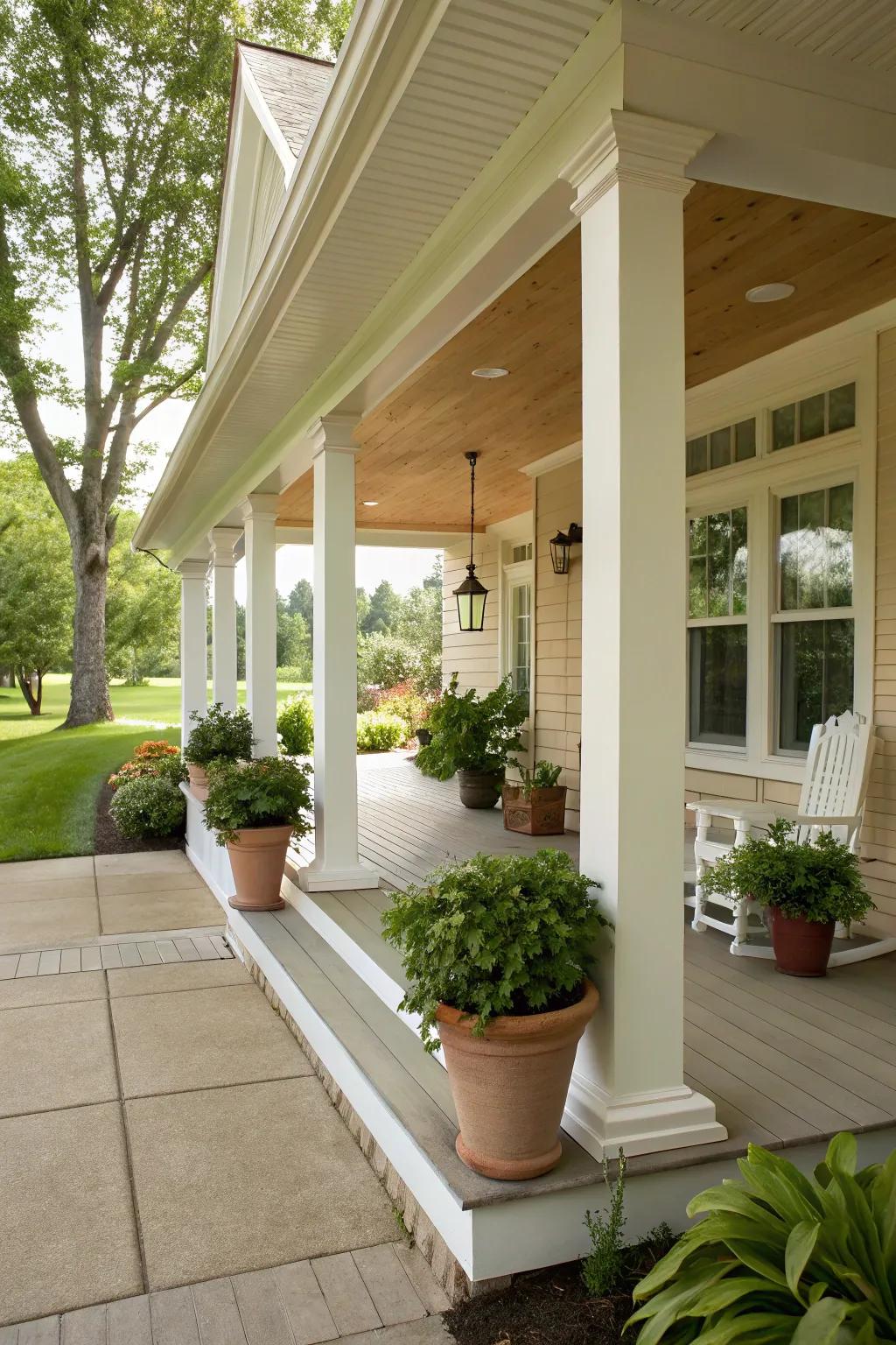 A classic gabled roof adds timeless charm to any porch.