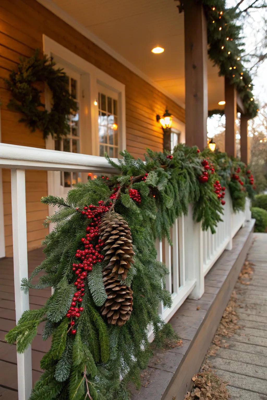 The traditional evergreen garland delivers timeless allure to your entrance.