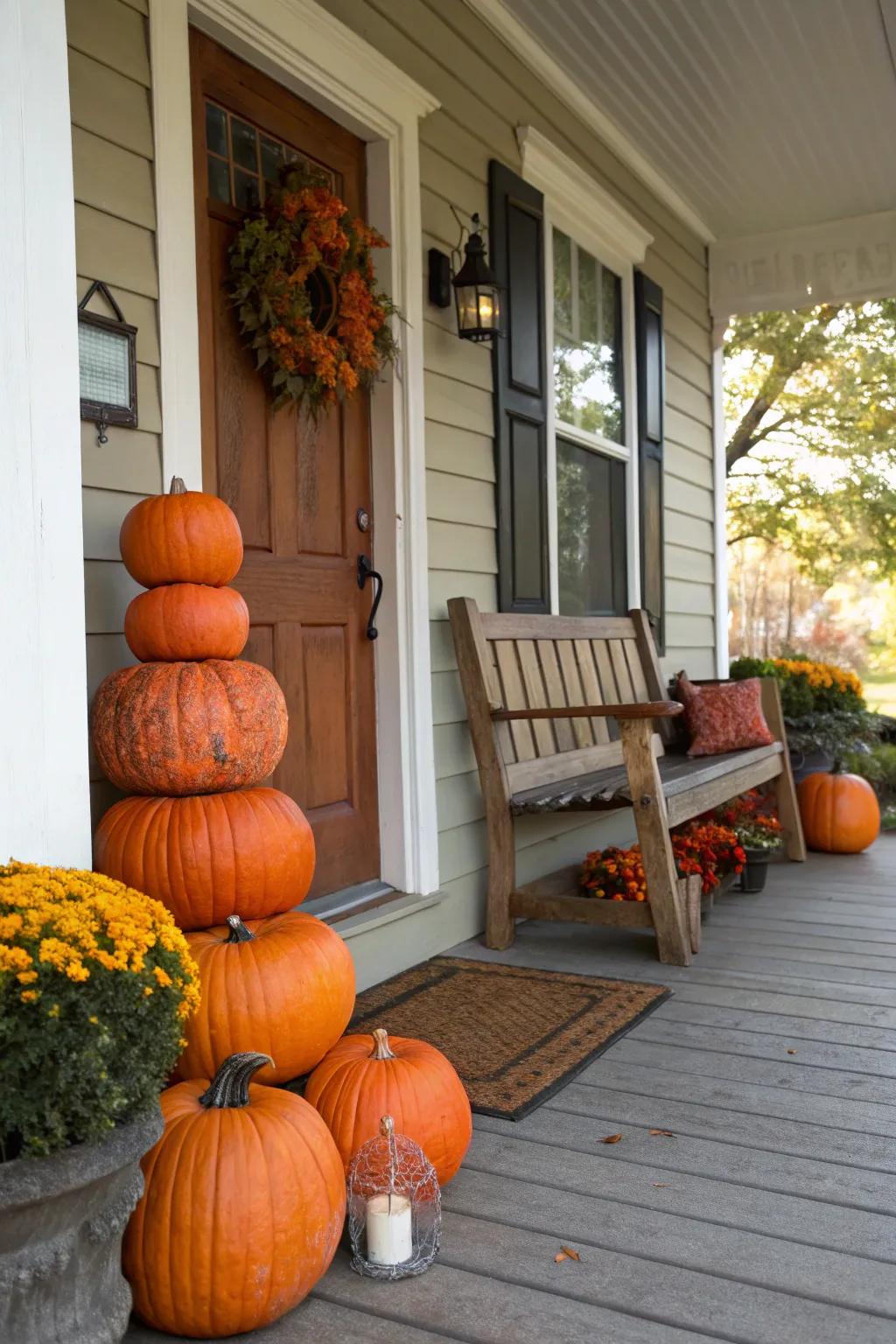 Pumpkin towers inject a vertical aspect into porch aesthetics.