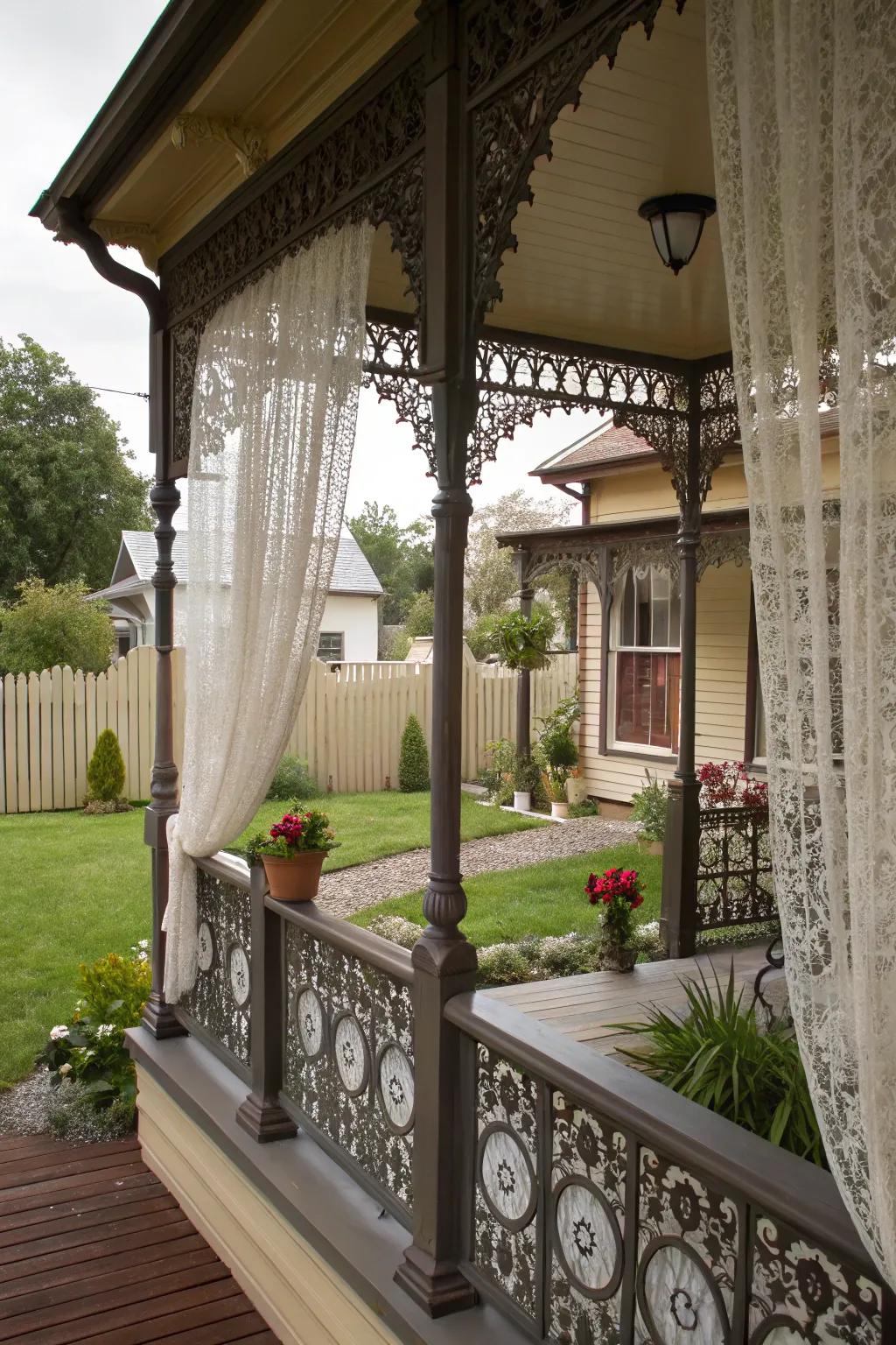 A porch featuring vintage wrought iron railings that evoke historical charm.