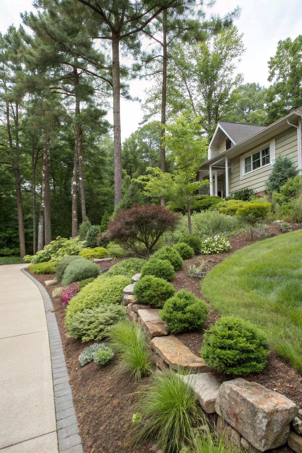 Layered plantings create an eye-catching and textured look.