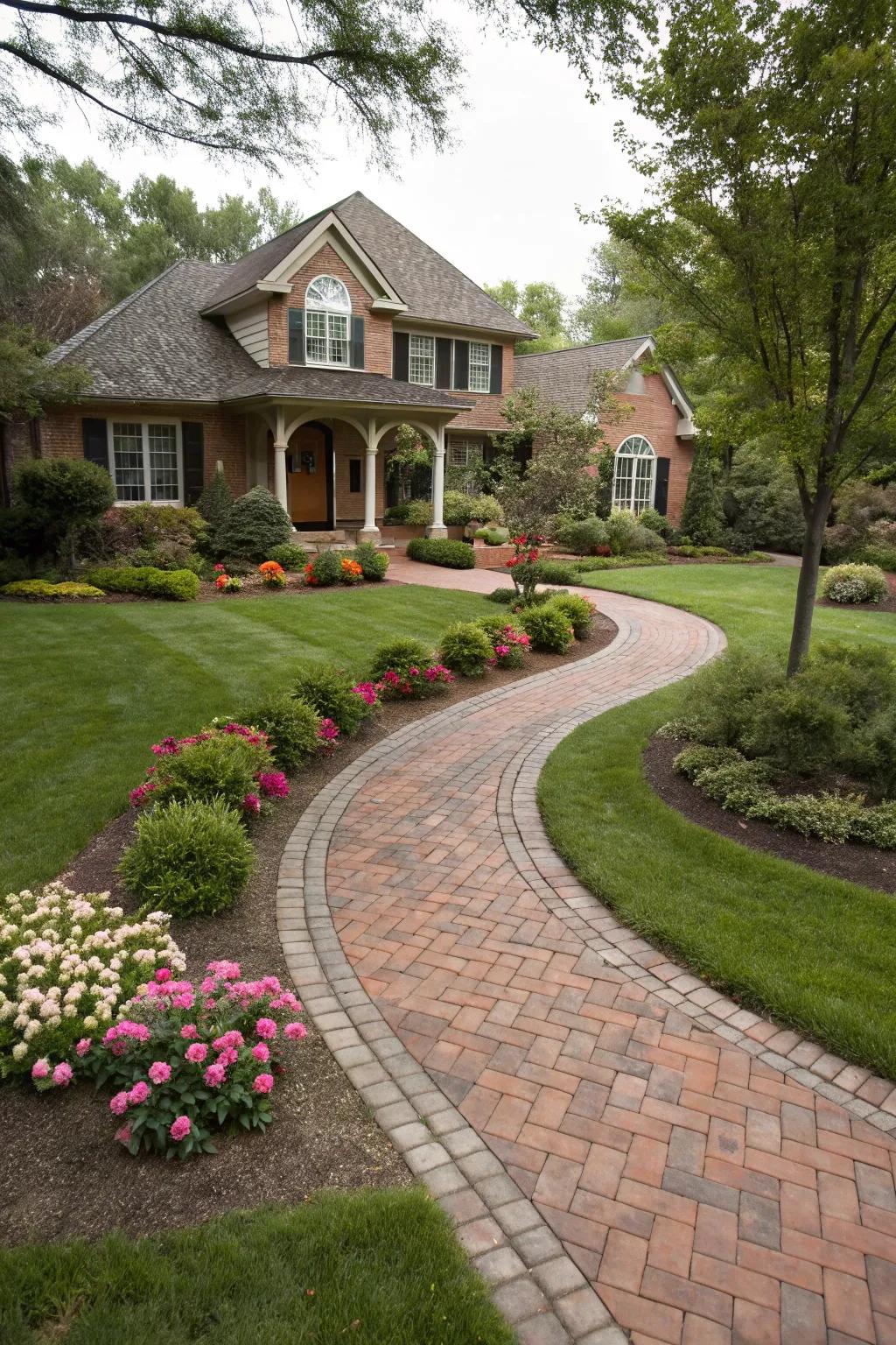 An enchanting brick pathway winds through a flourishing front yard.
