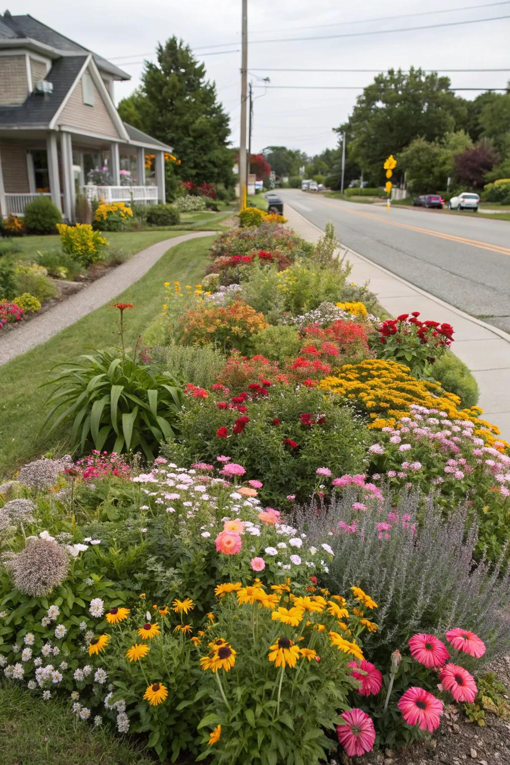A vibrant flower bed on a corner lot with diverse blooms and colors.