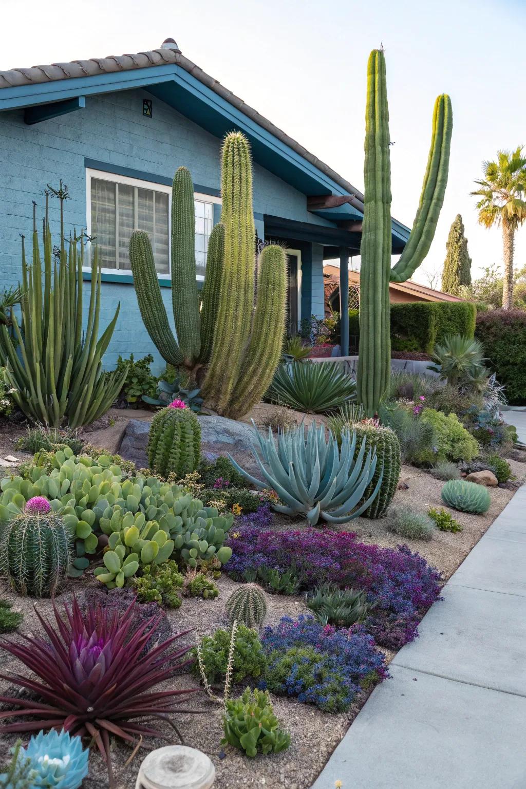 Cacti and succulents offer eye-catching appeal and flourish in dry climates.