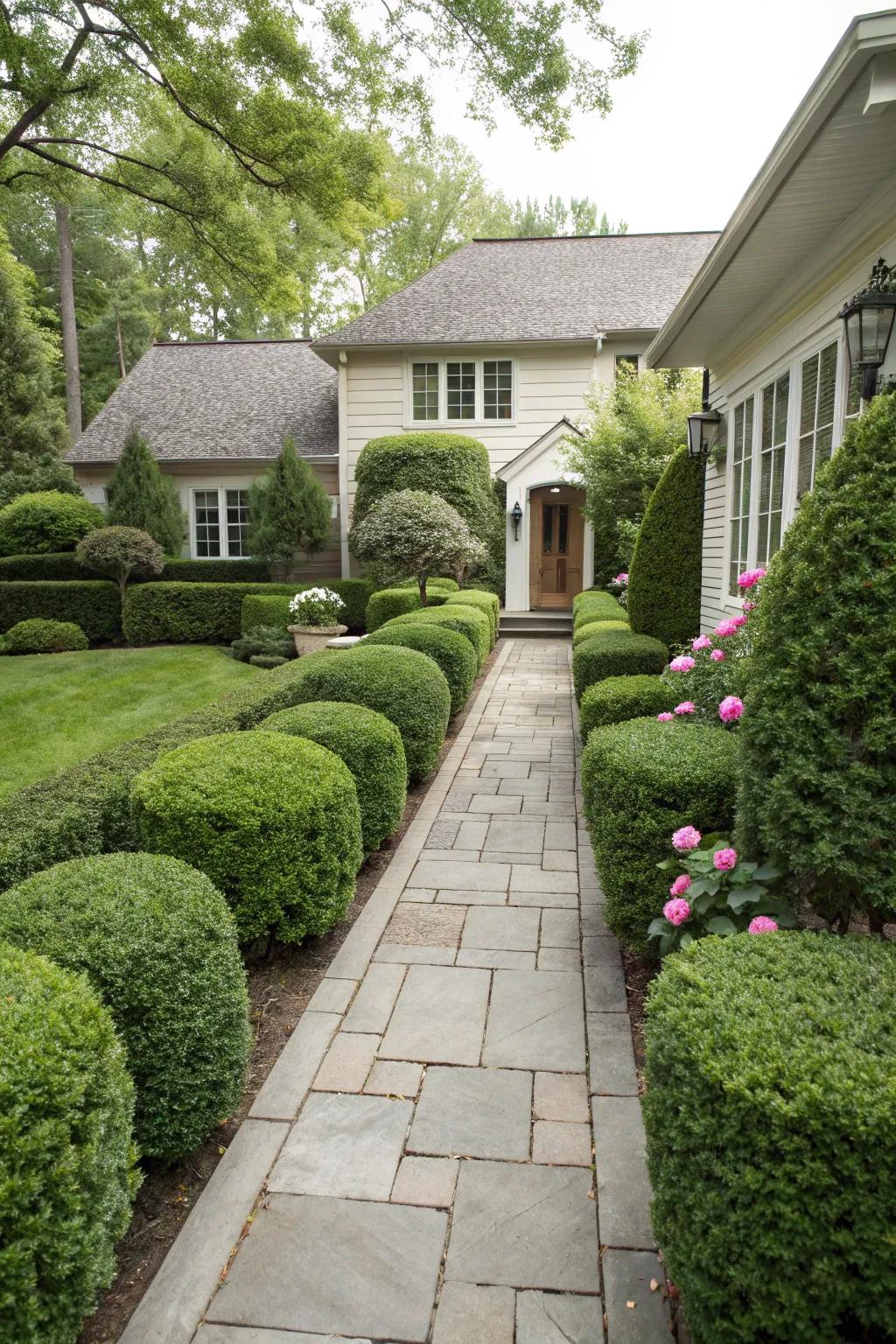 Neatly sculpted boxwood hedges introduce structure to this front yard.