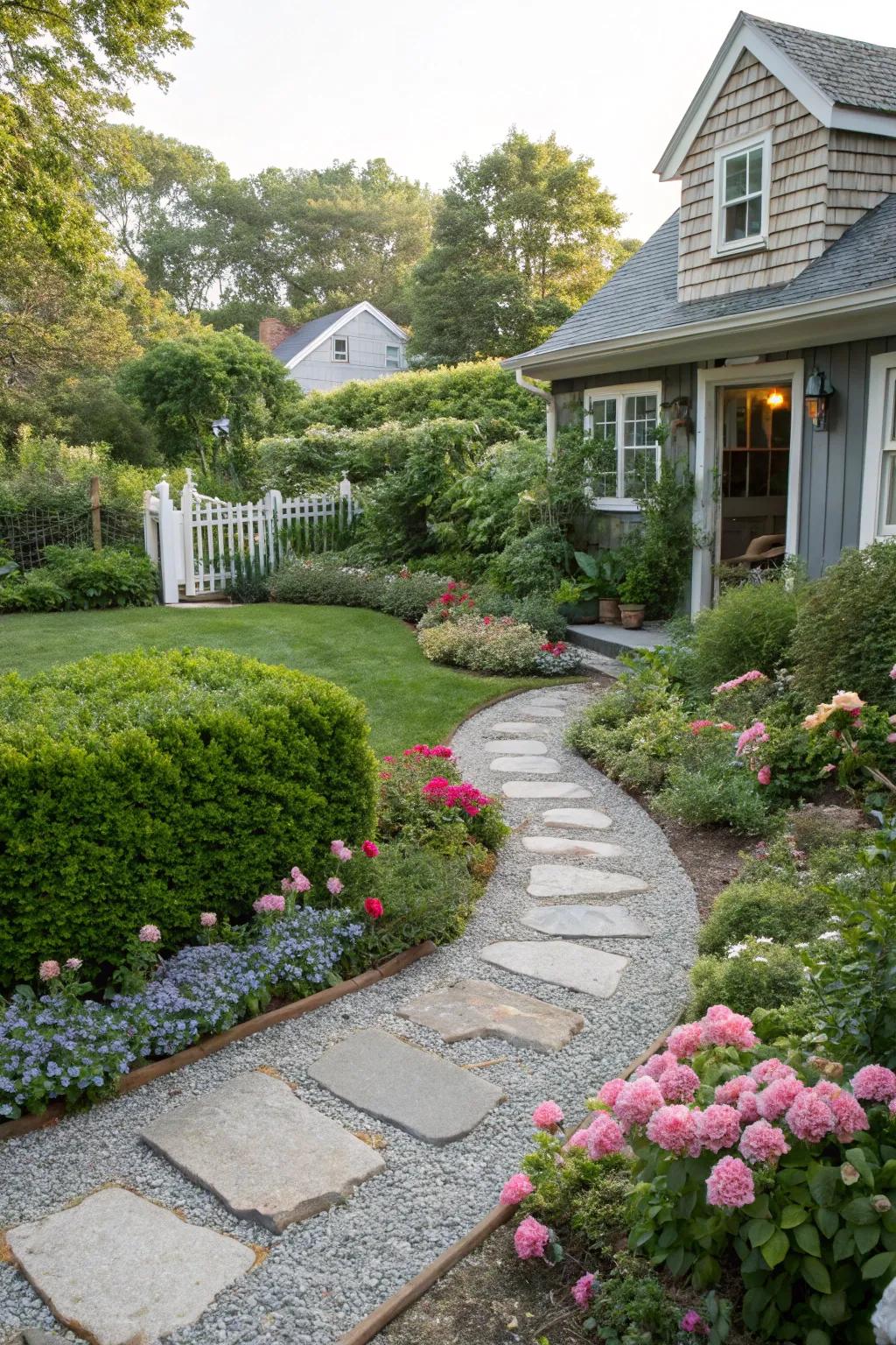Charming gravel pathways weave through a lush garden landscape.