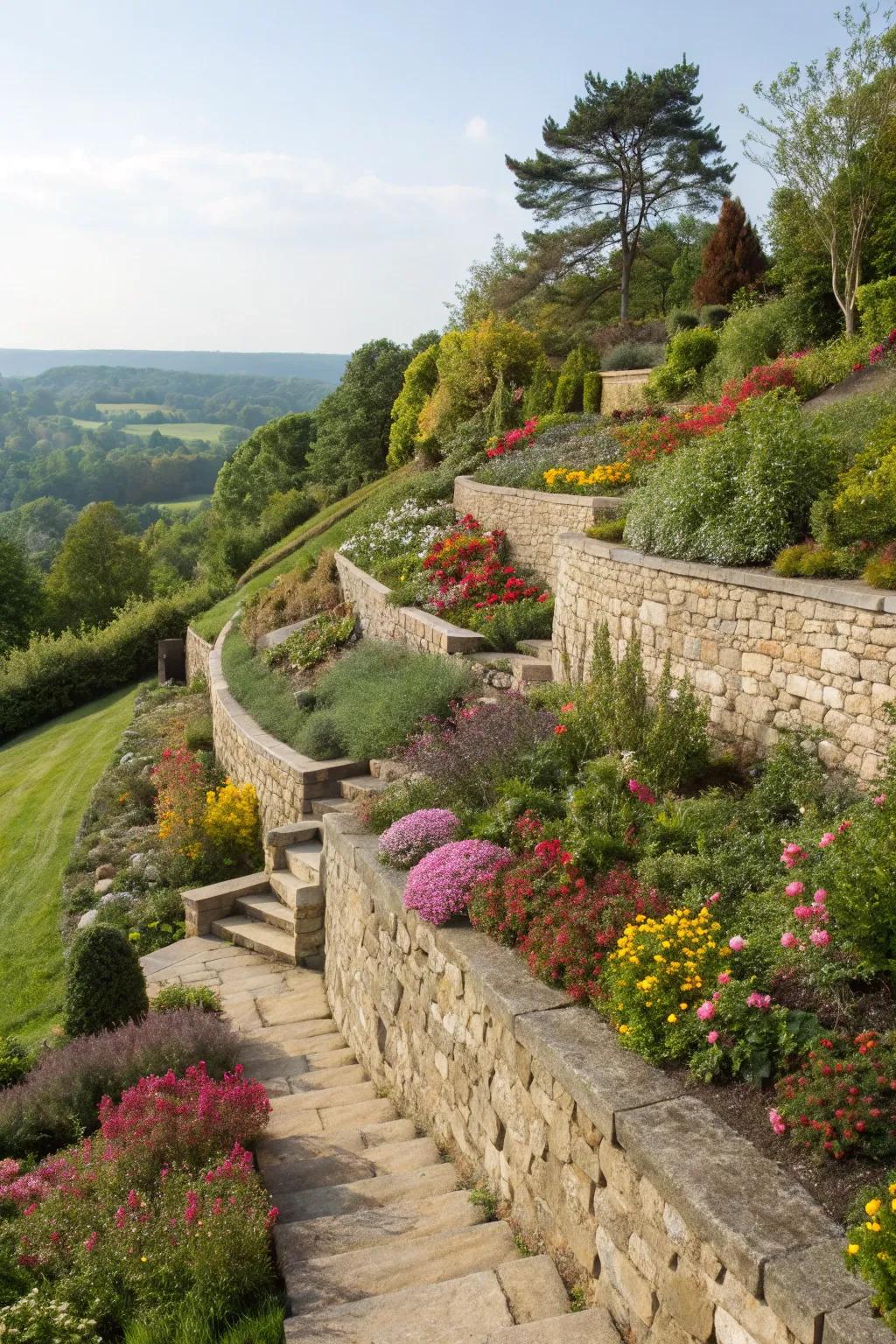 Terraced gardens bring depth and visual appeal to your front yard slope.