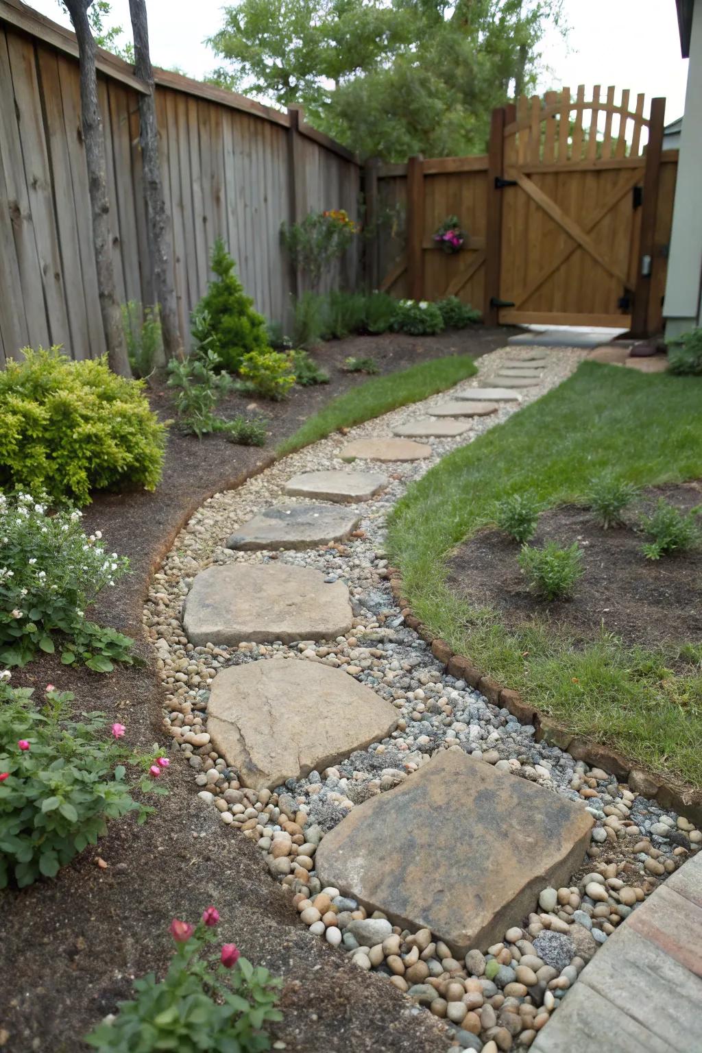 A rock-lined pathway with stepping stones, elegantly guiding through a front yard.