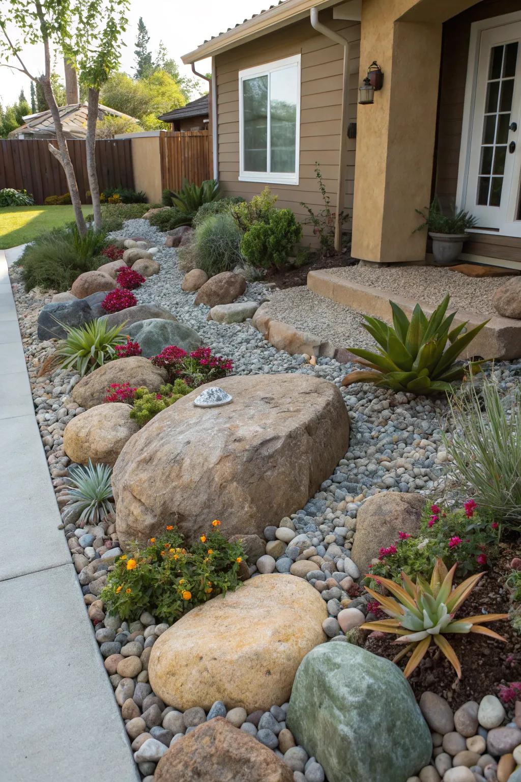 A serene rock garden graces the front of a home.