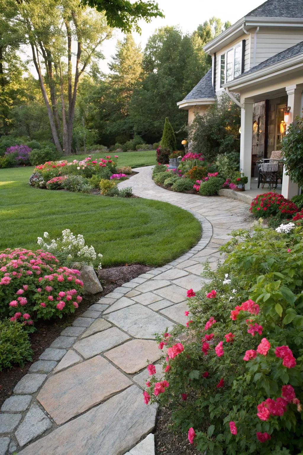 A captivating rock pathway meanders through a vibrant front garden.