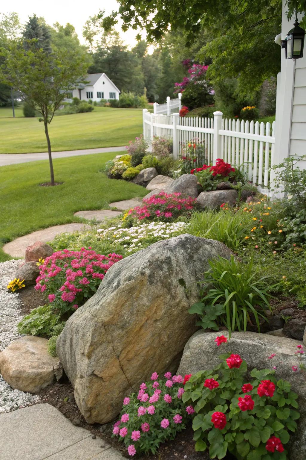 Create a serene rock garden with large rocks as the centerpiece.