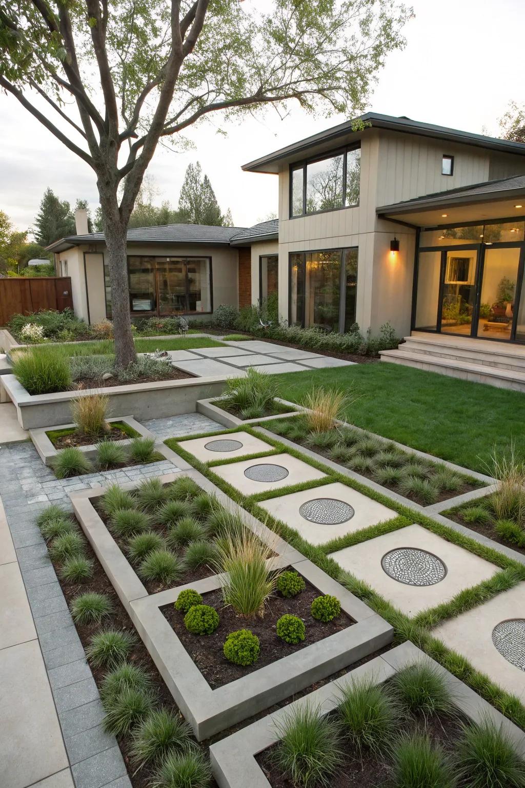 Geometric planting areas bring about a structured and current visual to the front garden.