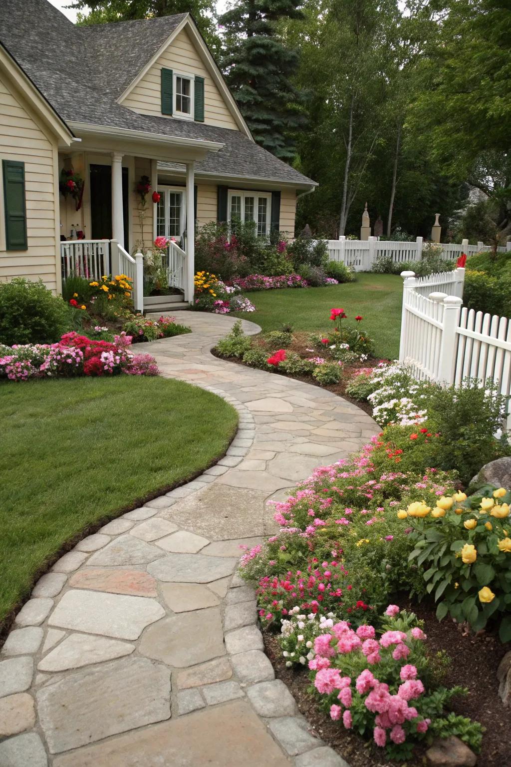 Curved pathways enhance the elegance of a front yard.