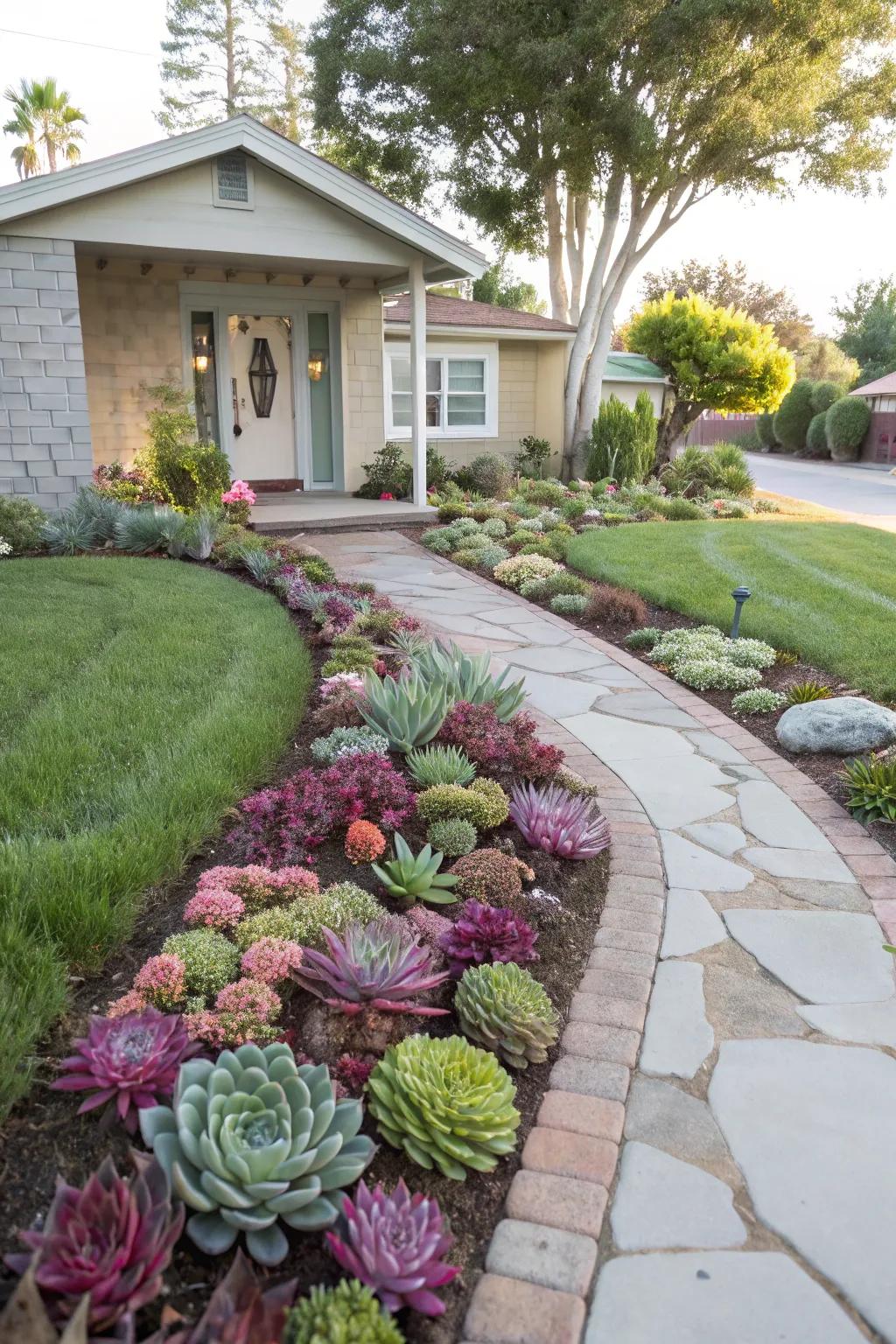 A pathway adorned with succulents delivers a warm and inviting sensation.