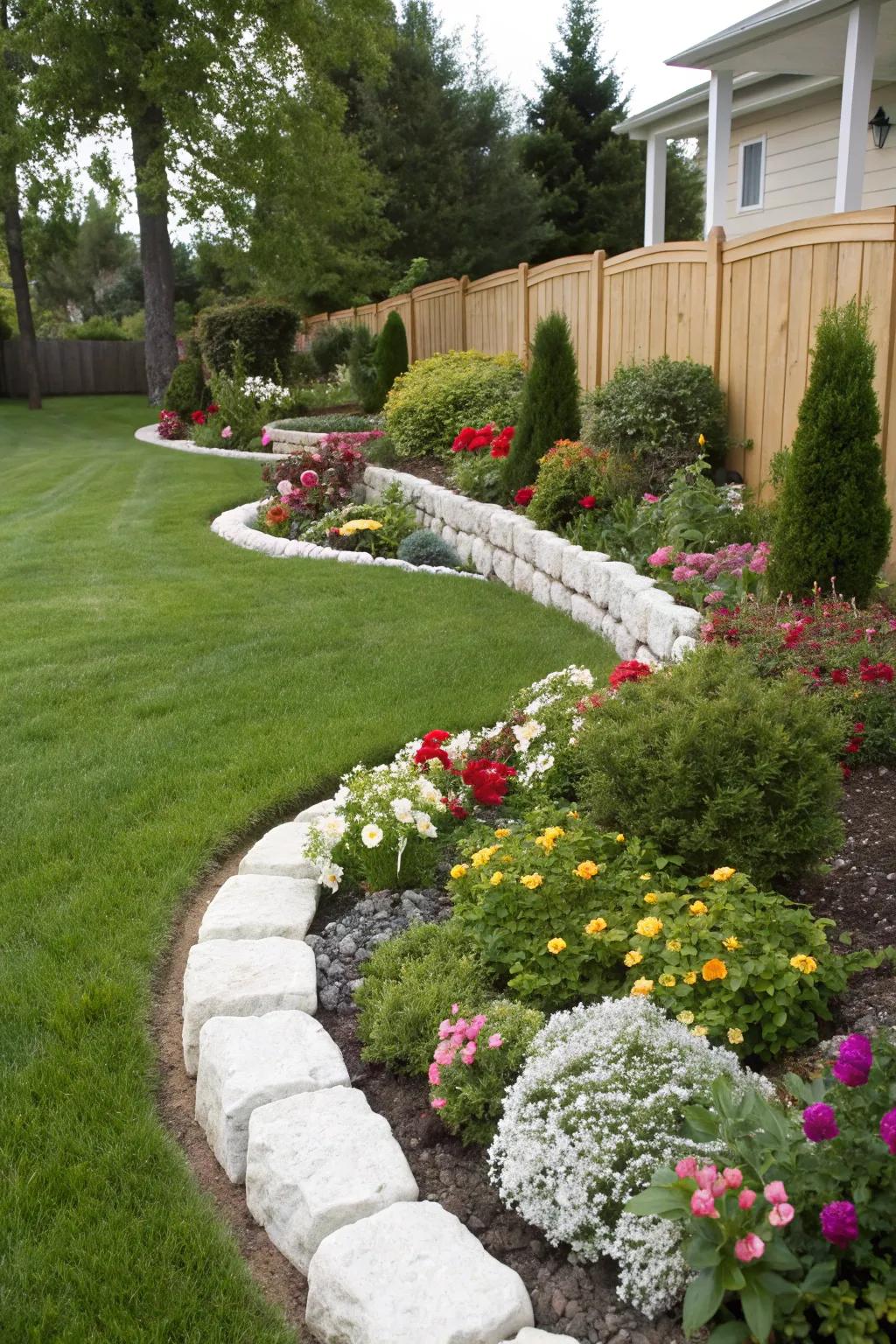 White rock borders create a striking contrast against vibrant flower beds.