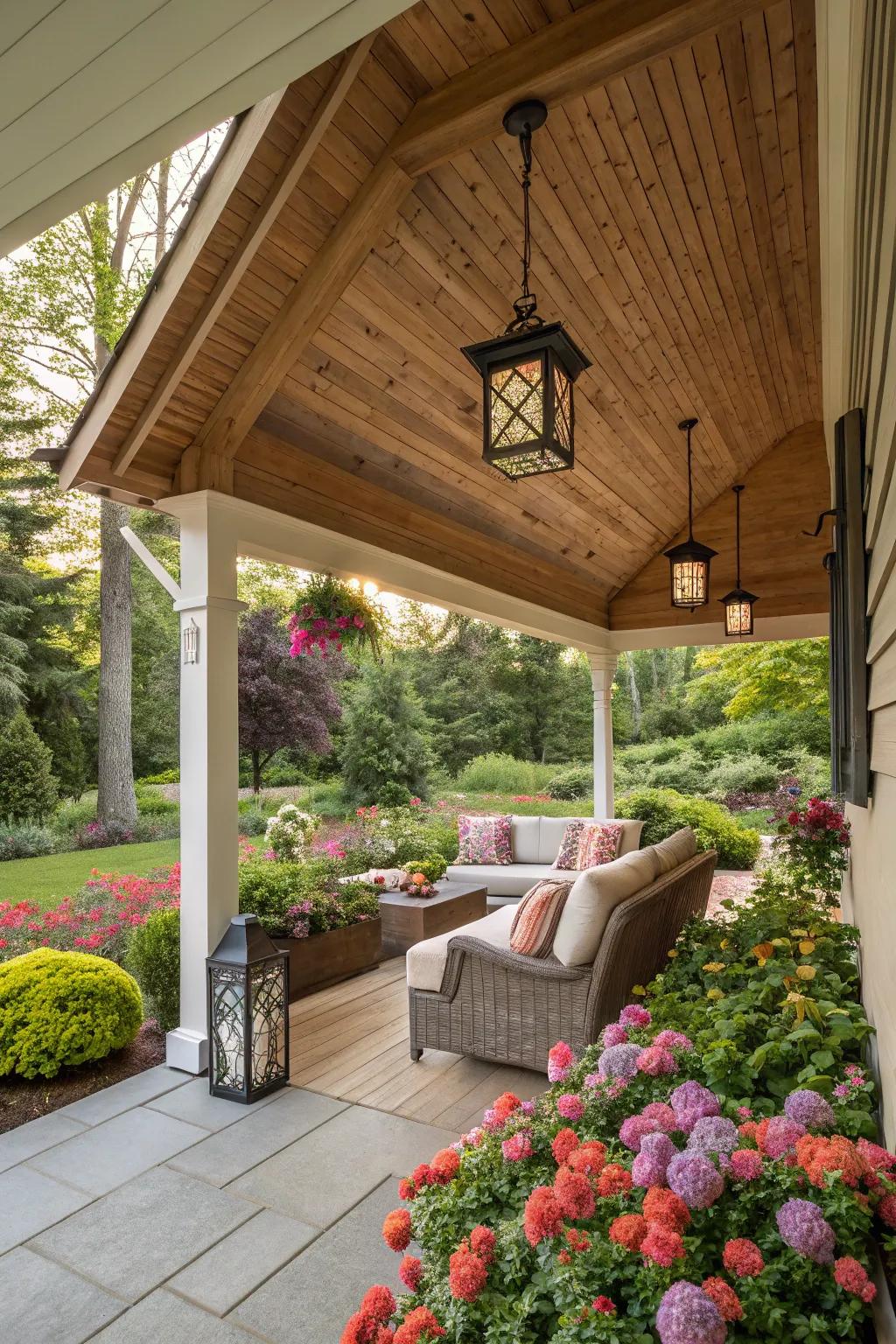 A wooden gable roof porch radiating unmatched elegance and comfort.