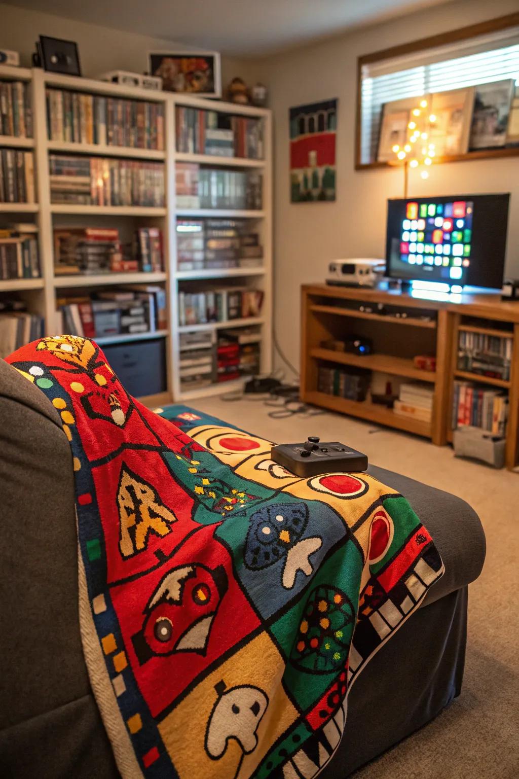 A gaming-themed blanket adds comfort and character.