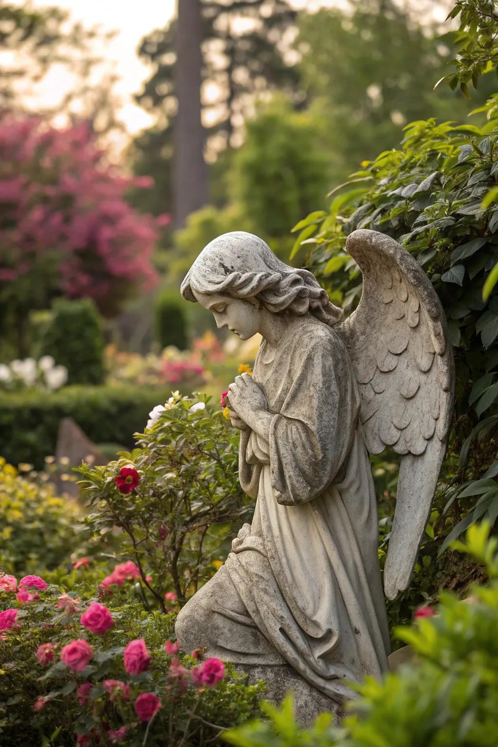 A classic stone angel standing tall in a lively garden scene.