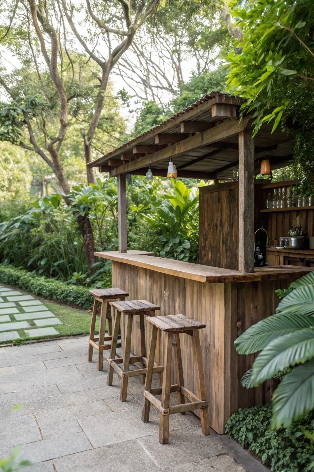 A rustic garden bar crafted from reclaimed wood.
