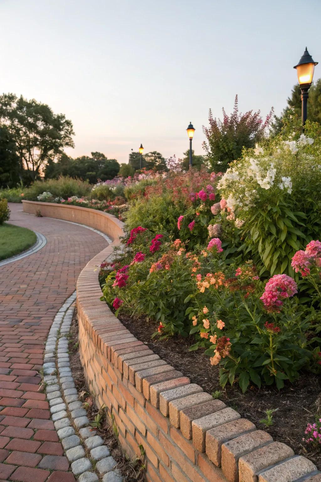 Curved brick edging introduces a timeless element to garden pathways.