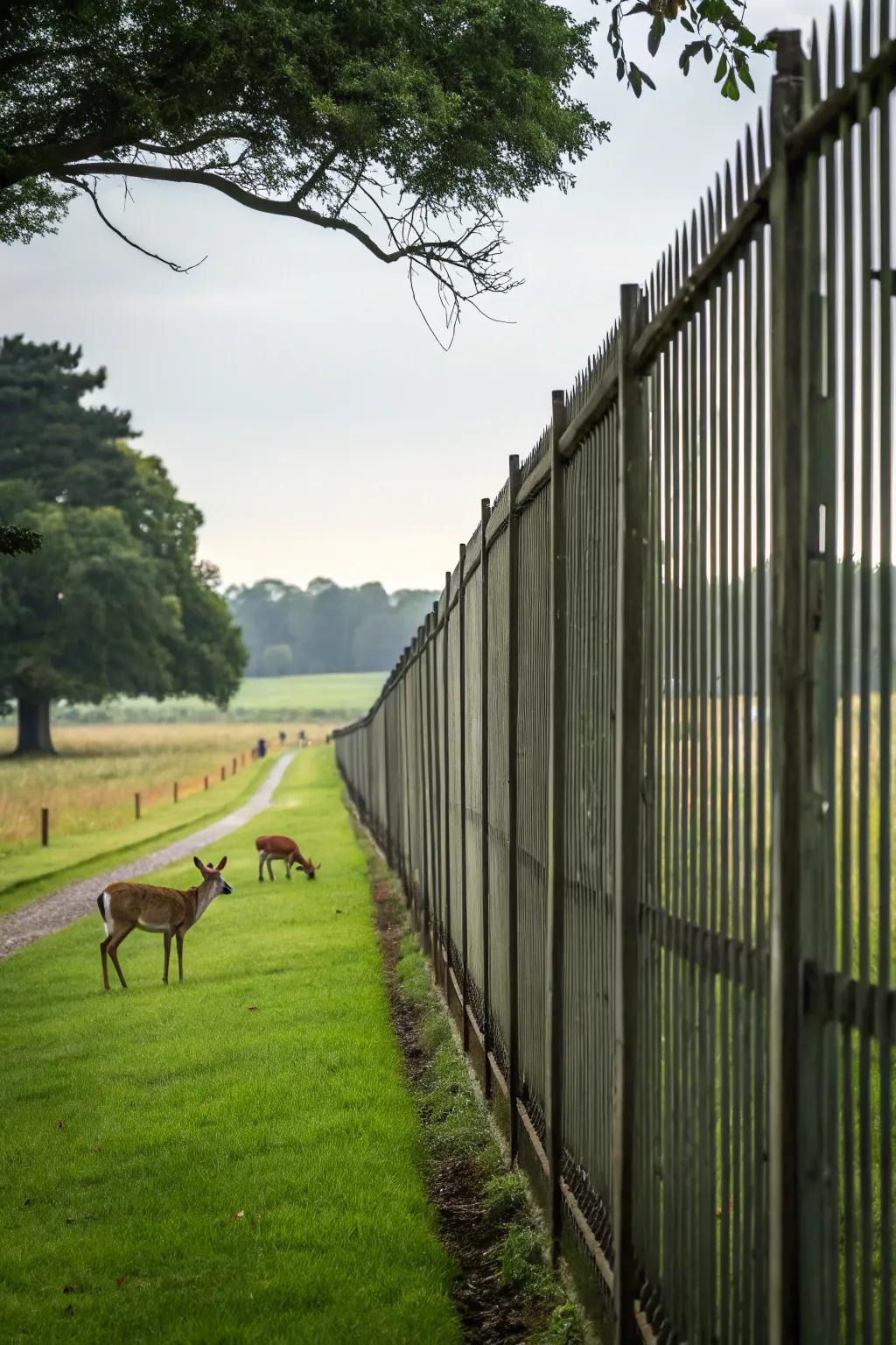 A towering fence creates an imposing barrier, successfully deterring deer from venturing into the garden.