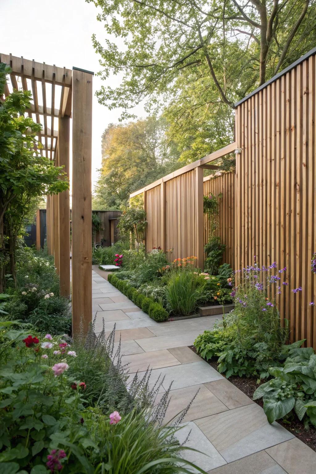 Wooden panels provide a timeless option for garden privacy.
