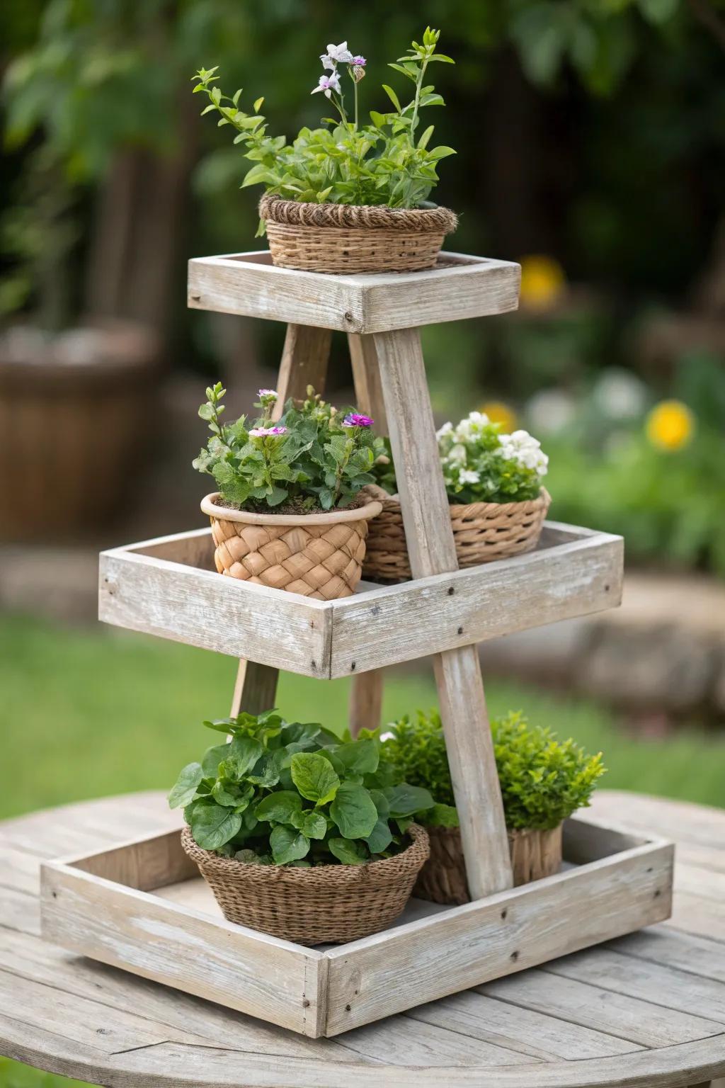 Elevate your garden's charm with handcrafted tiered wooden stands, where simplicity meets natural elegance.