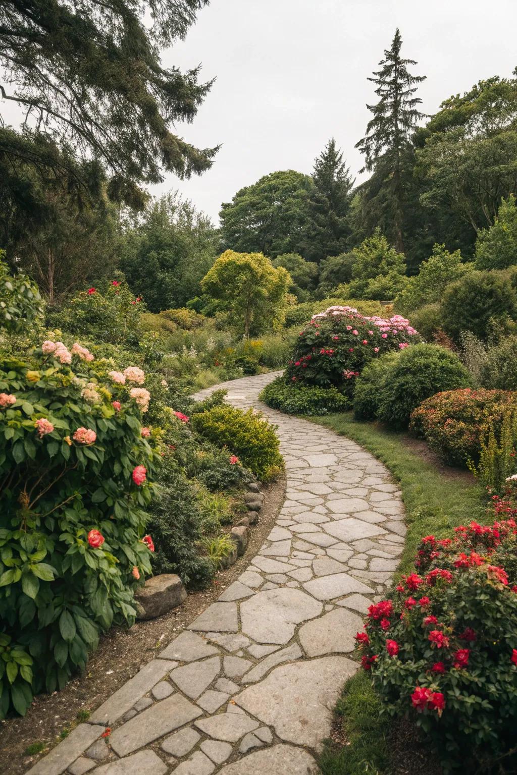A delightful stone path twining through an abundant garden.