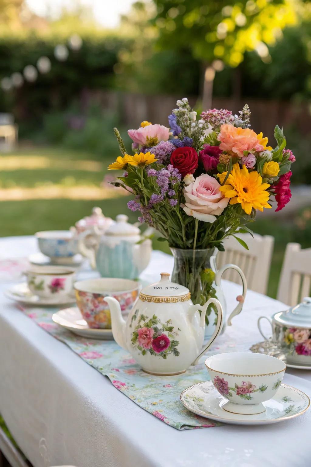 Floral arrangements in vintage teapots bring charm to any garden party.