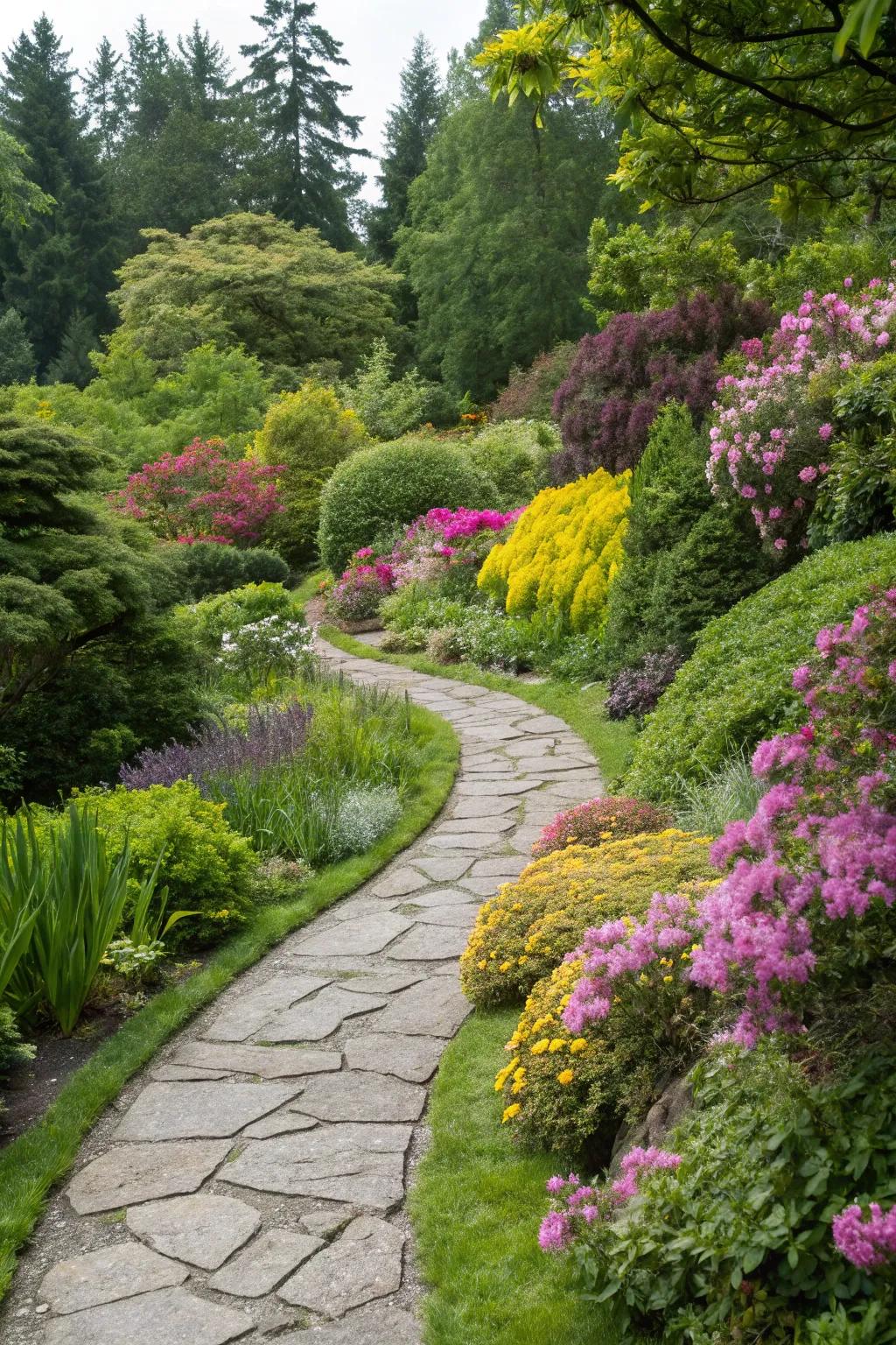 A captivating pebble walkway winding through a vibrant garden.