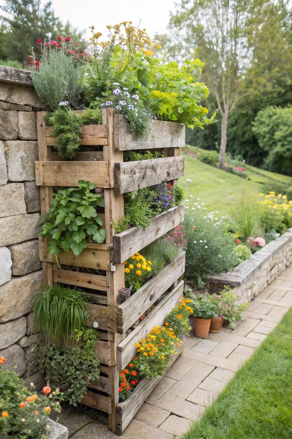 A uniquely crafted vertical garden made using repurposed pallets.