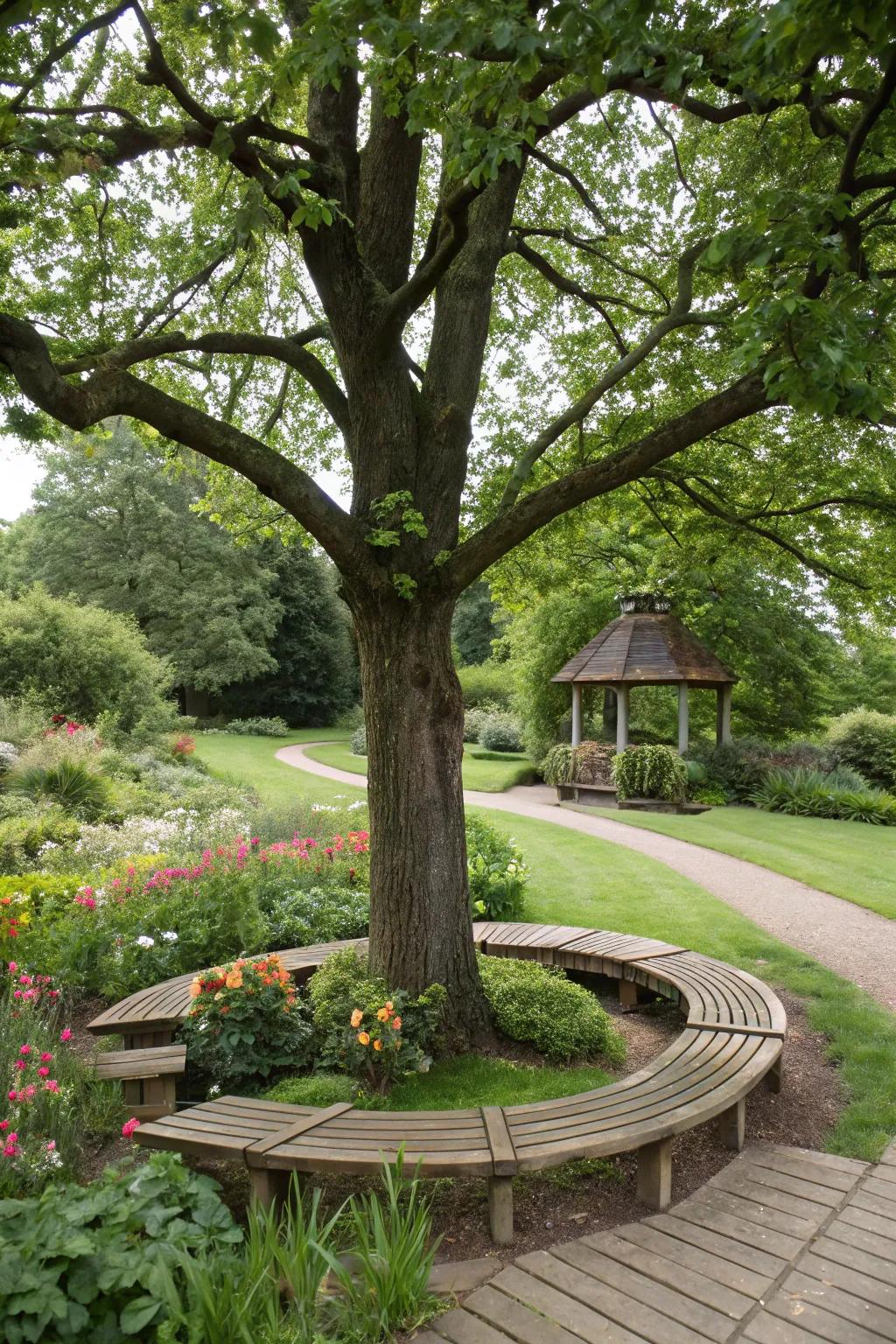 A circular bench embracing a tree, a haven for peaceful relaxation.