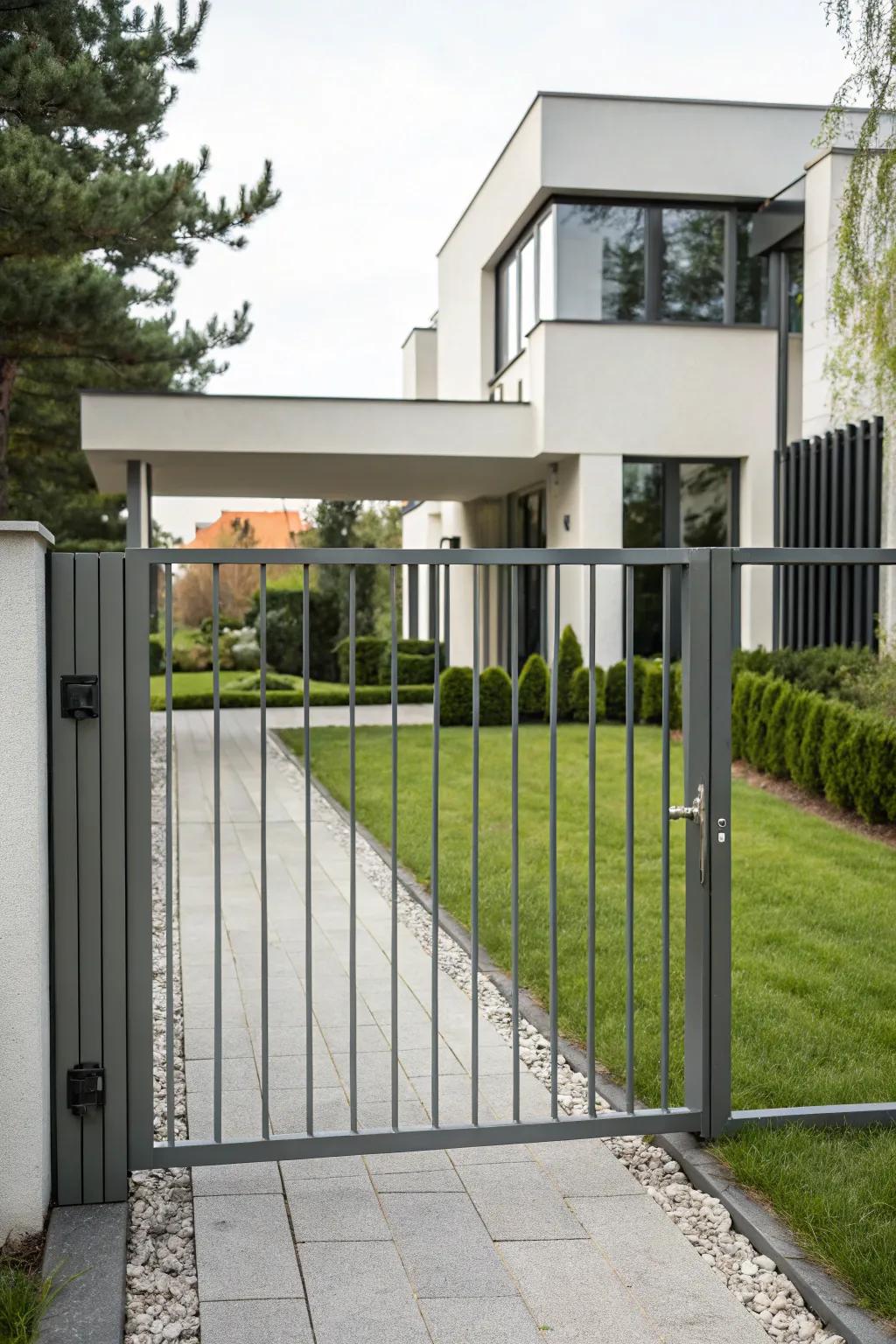 A streamlined metal gate brings a modern sensibility to a contemporary residence.