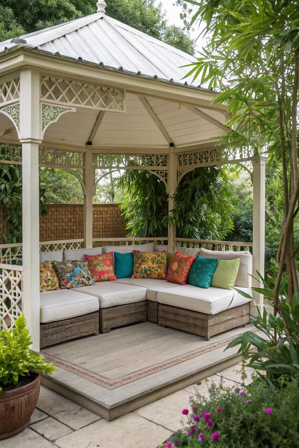 A cozy outdoor sofa transforms your gazebo into a relaxing lounge.
