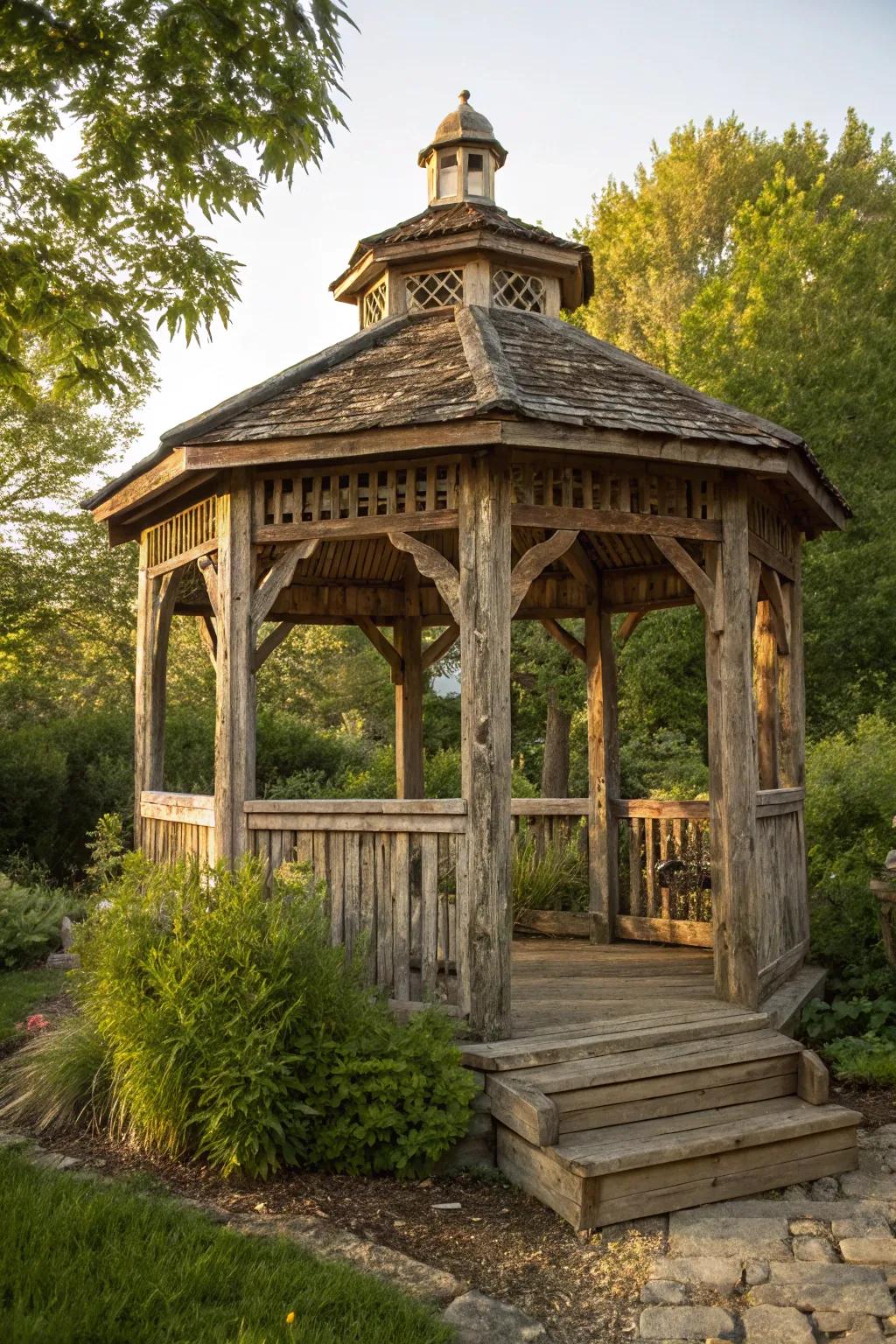 Embrace the charm of craftsmanship with a rustic wooden gazebo that blends seamlessly into nature.