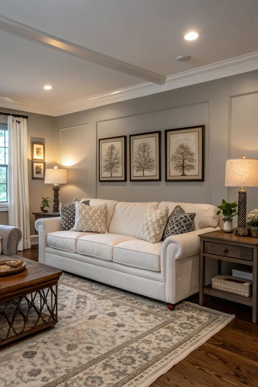 A tranquil living space featuring a neutral color scheme, ideal for showcasing sophisticated decor.