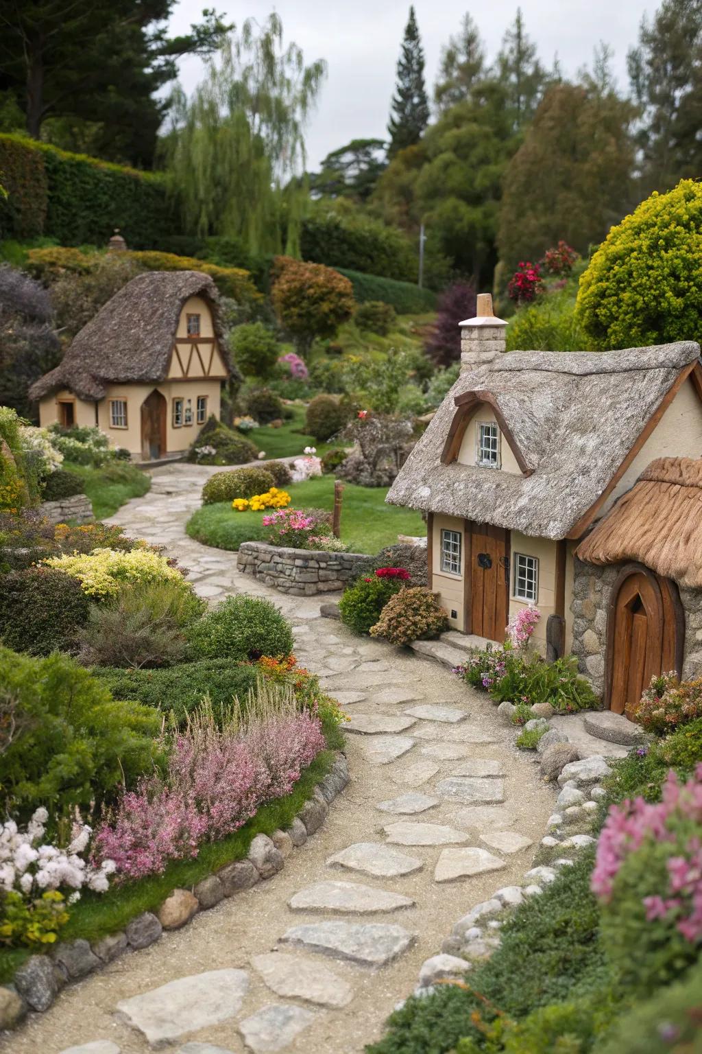 An enchanting miniature hamlet nestled among vibrant blossoms.