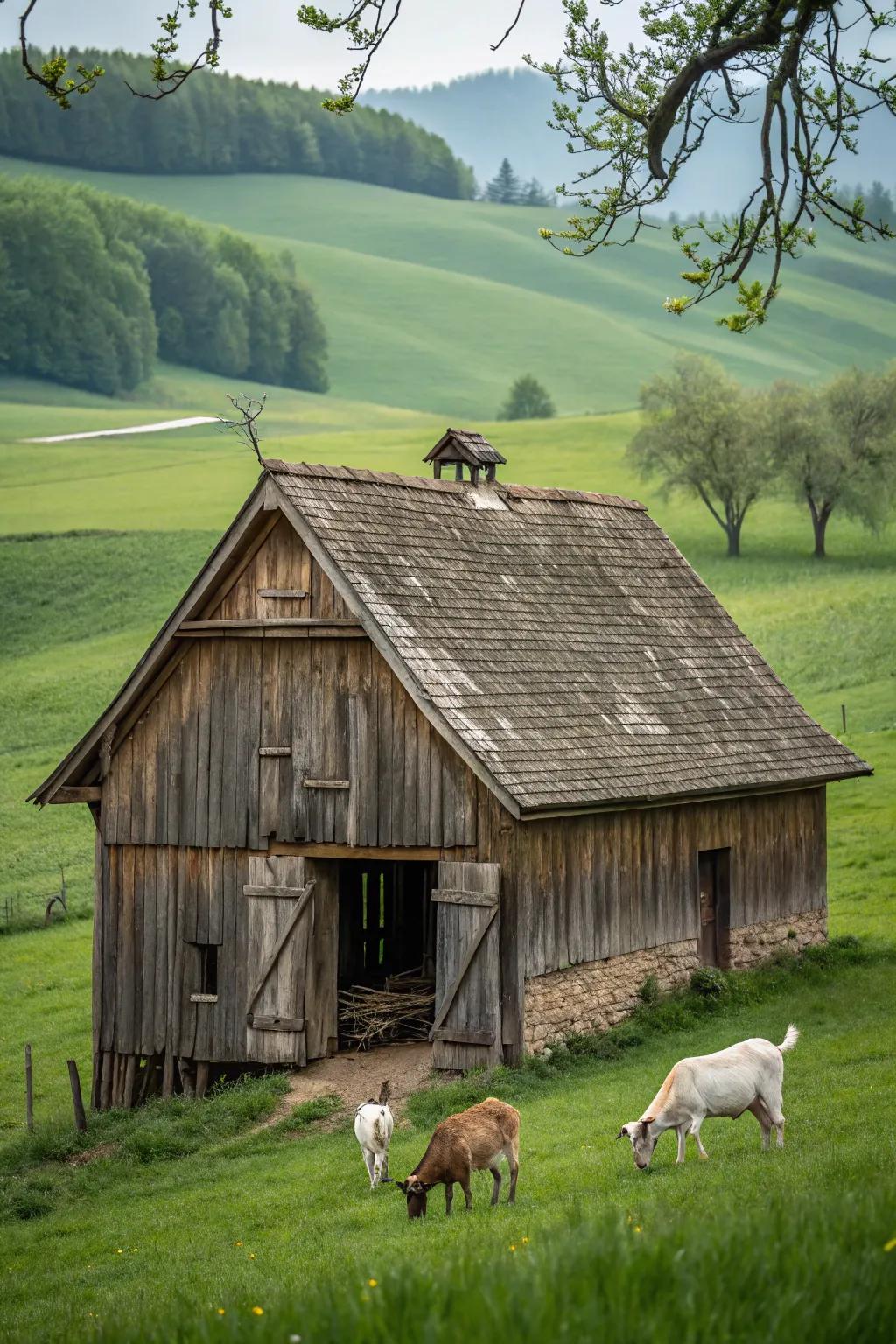 A country-style lumber goat barn that combines charm and defense.