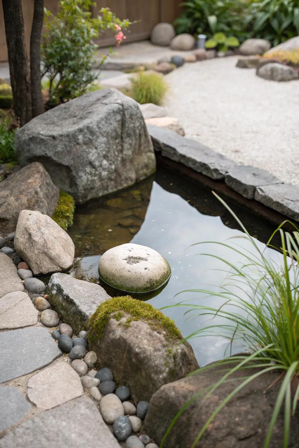 Embrace the serene elegance of natural rock surroundings in your goldfish pond.