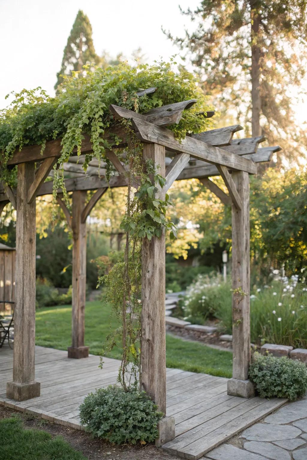 Embrace timeless elegance with a rustic wooden arbor, perfect for your garden's grapevines.