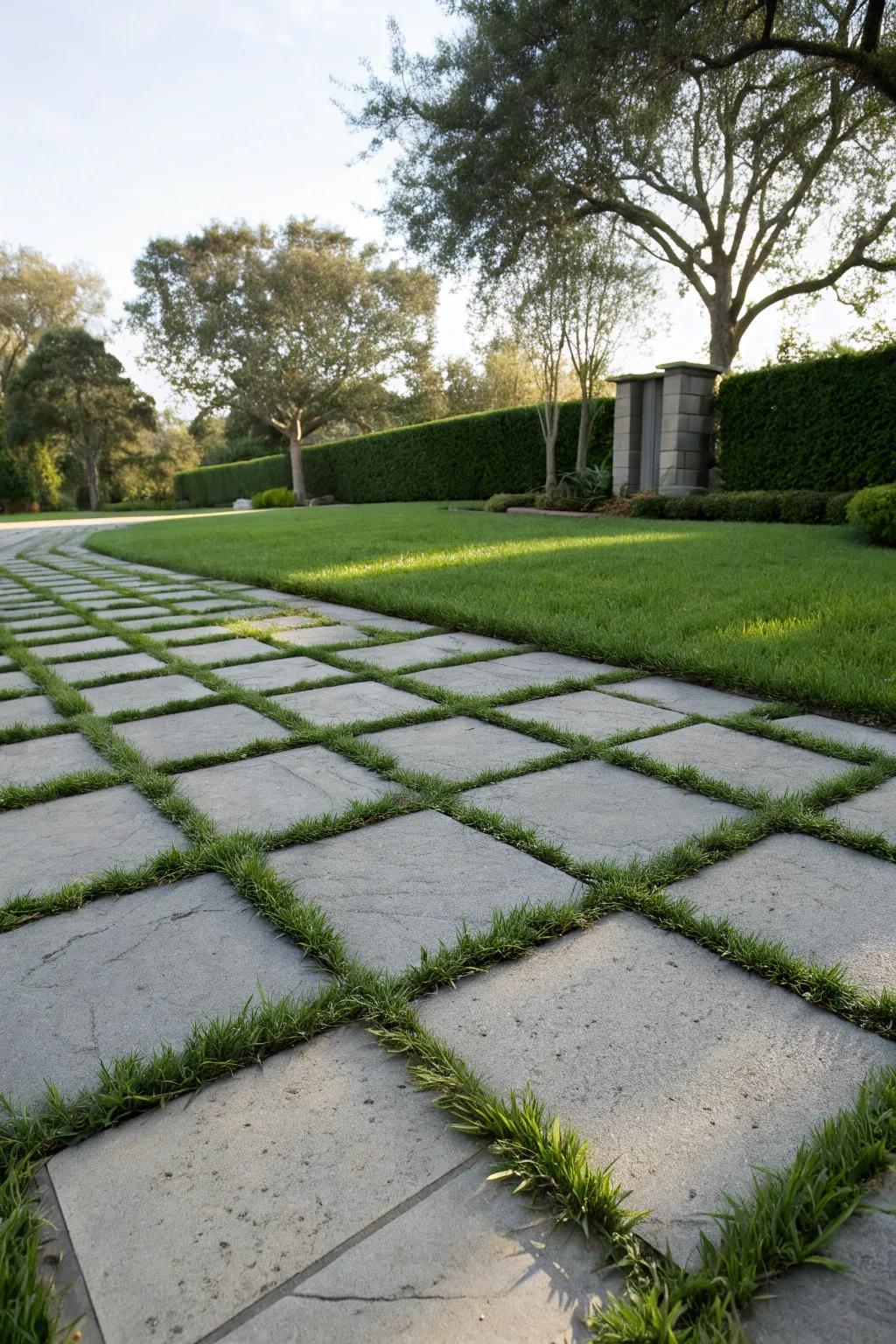 The seamless mix of concrete pavers and grass evokes a feeling of modern harmony.