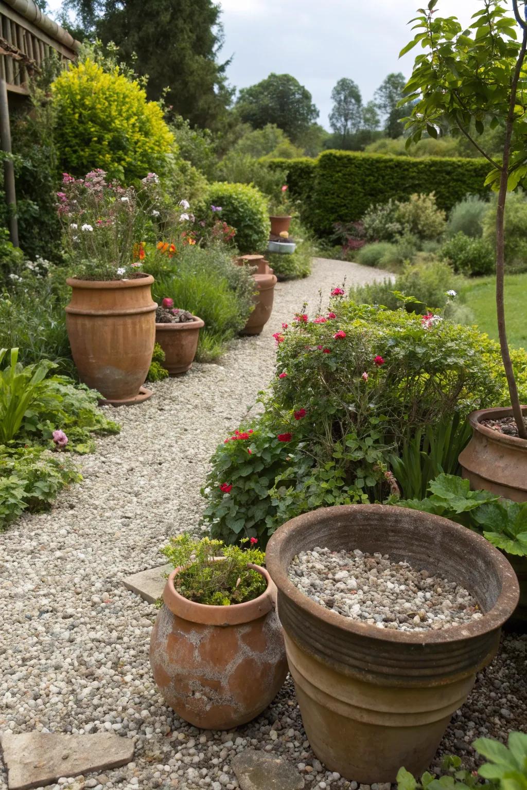 Diverse pot sizes create a layered effect in this gravel garden.