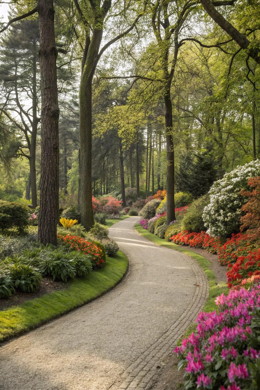 An elegantly winding stone chip path leads through a charming garden.