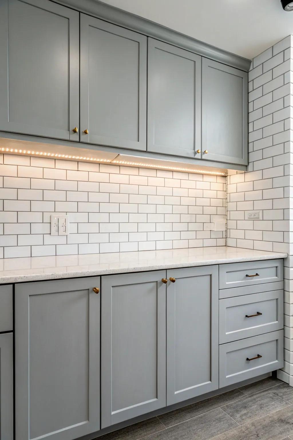 Gray cabinets featuring a white panel backsplash for a fresh, timeless vibe.