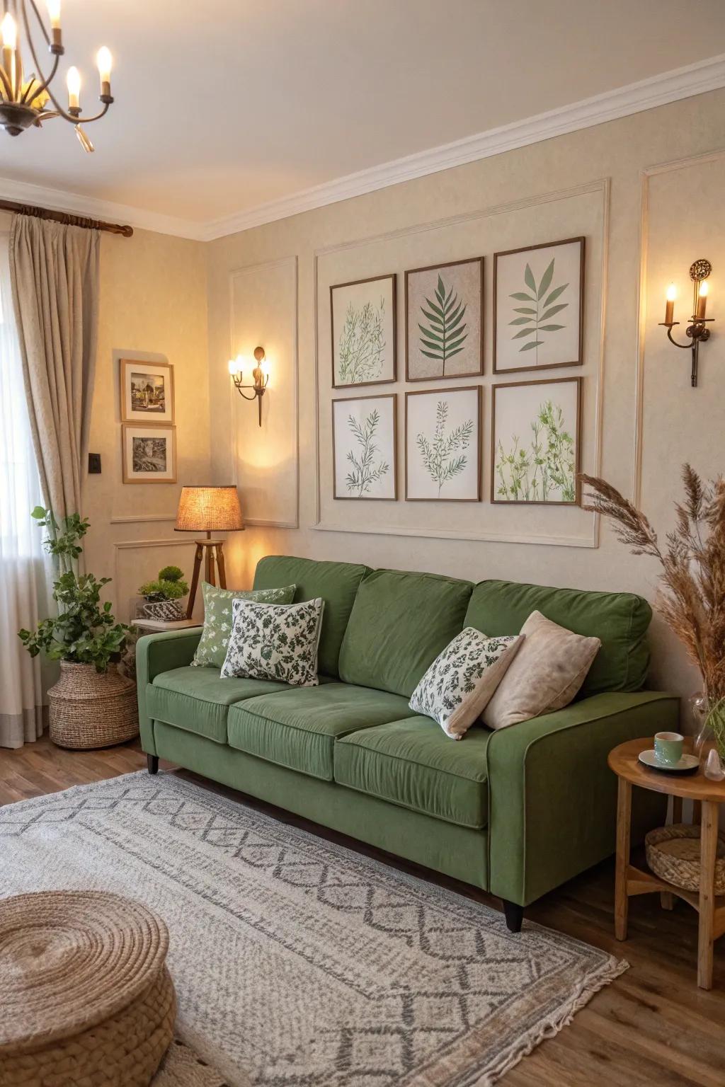 Neutral tones masterfully temper the boldness of a green couch, ensuring a tranquil retreat.