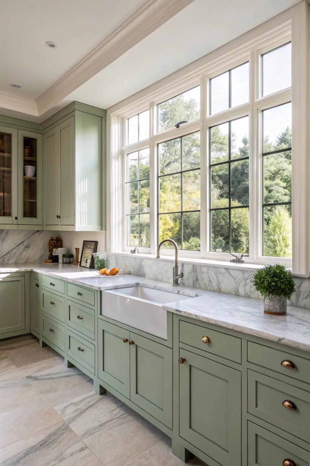 Fern green cabinets craft a serene and calming kitchen atmosphere.