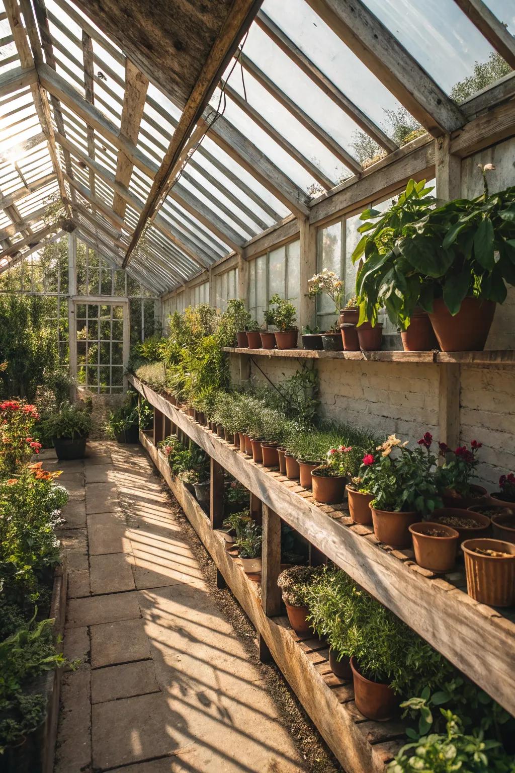 Charming and practical wood-slat shelves enhance any greenhouse.